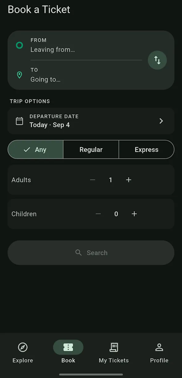 Book a Ticket form with from, to, departure date, bus type and passenger counts