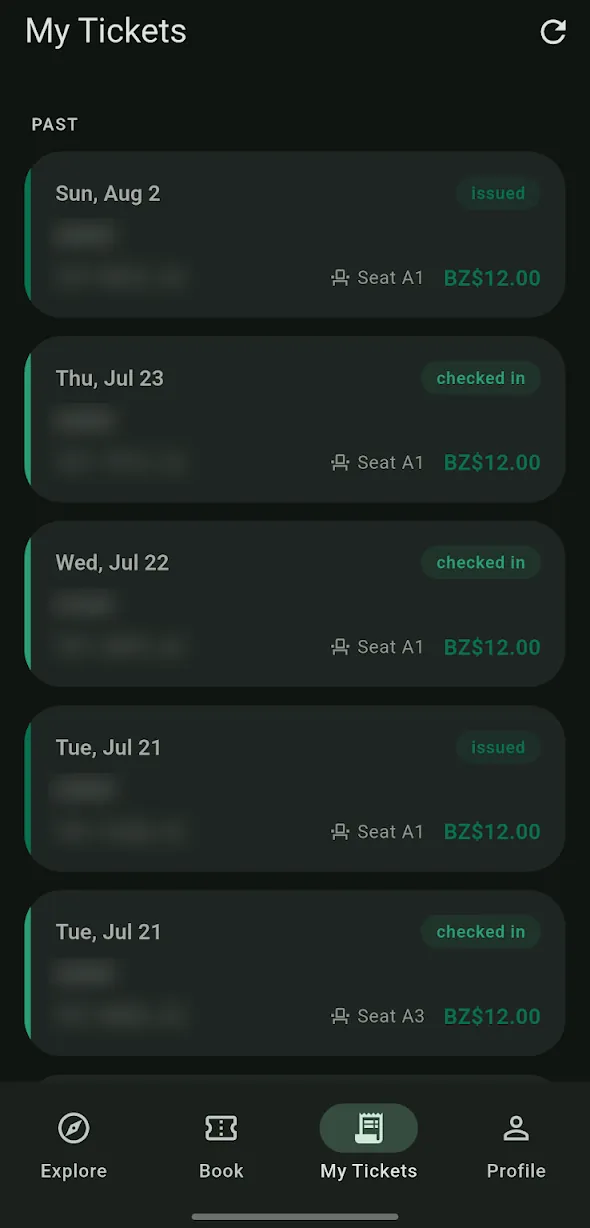 My Tickets list showing travel date, seat, fare and status for each ticket