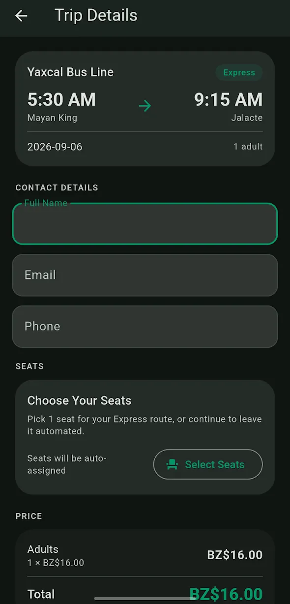 Trip details for an Express bus with seat selection and the fare total