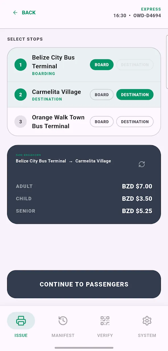 Conductor choosing boarding and destination stops with the adult, child and senior fares