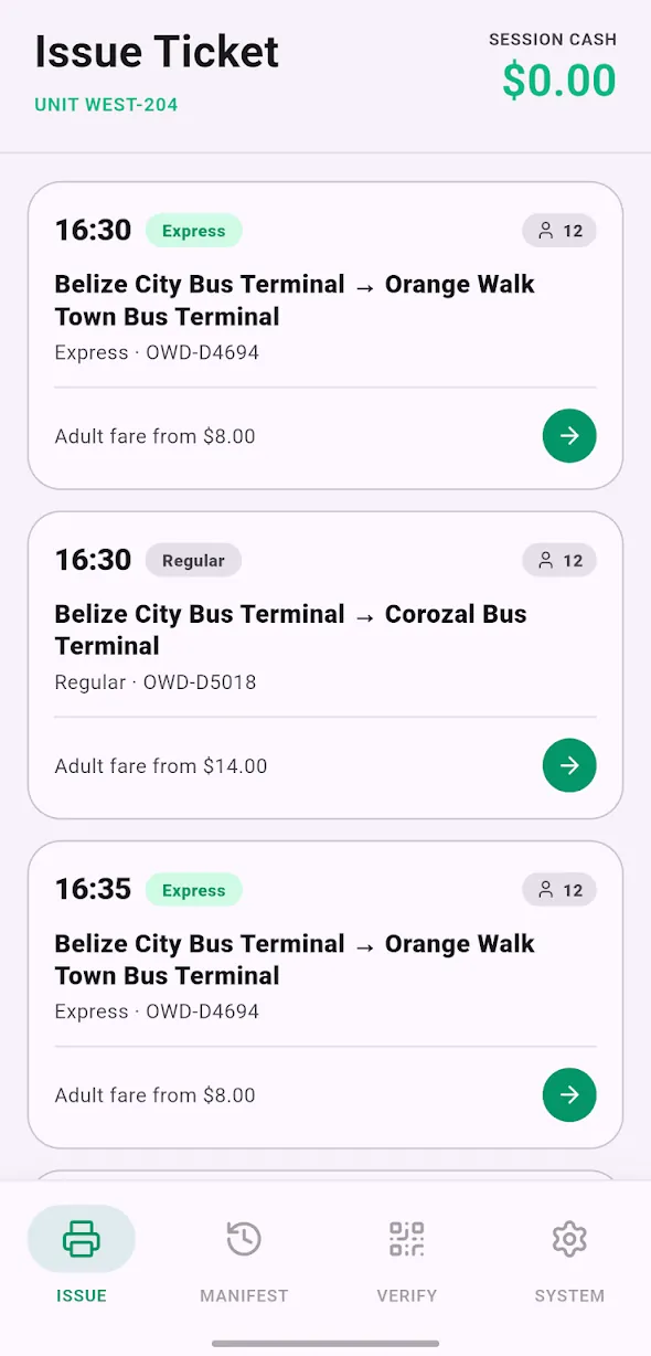 Conductor Issue Ticket screen listing today's departures