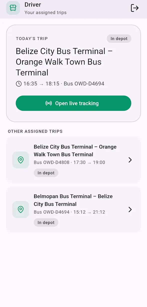 Driver home screen with today's trip and other assigned trips